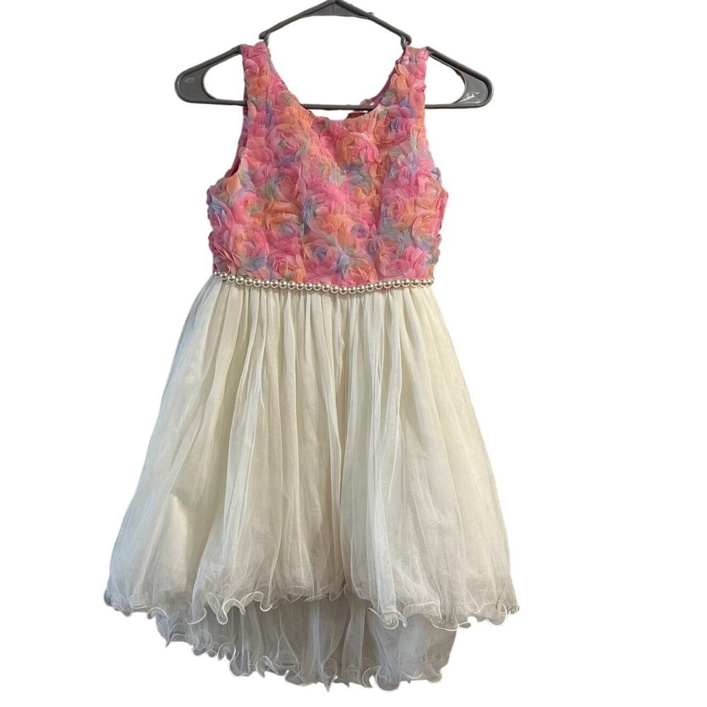 American Princess Girls Floral Rosette Tulle High Low Party Dress Pink White 8
